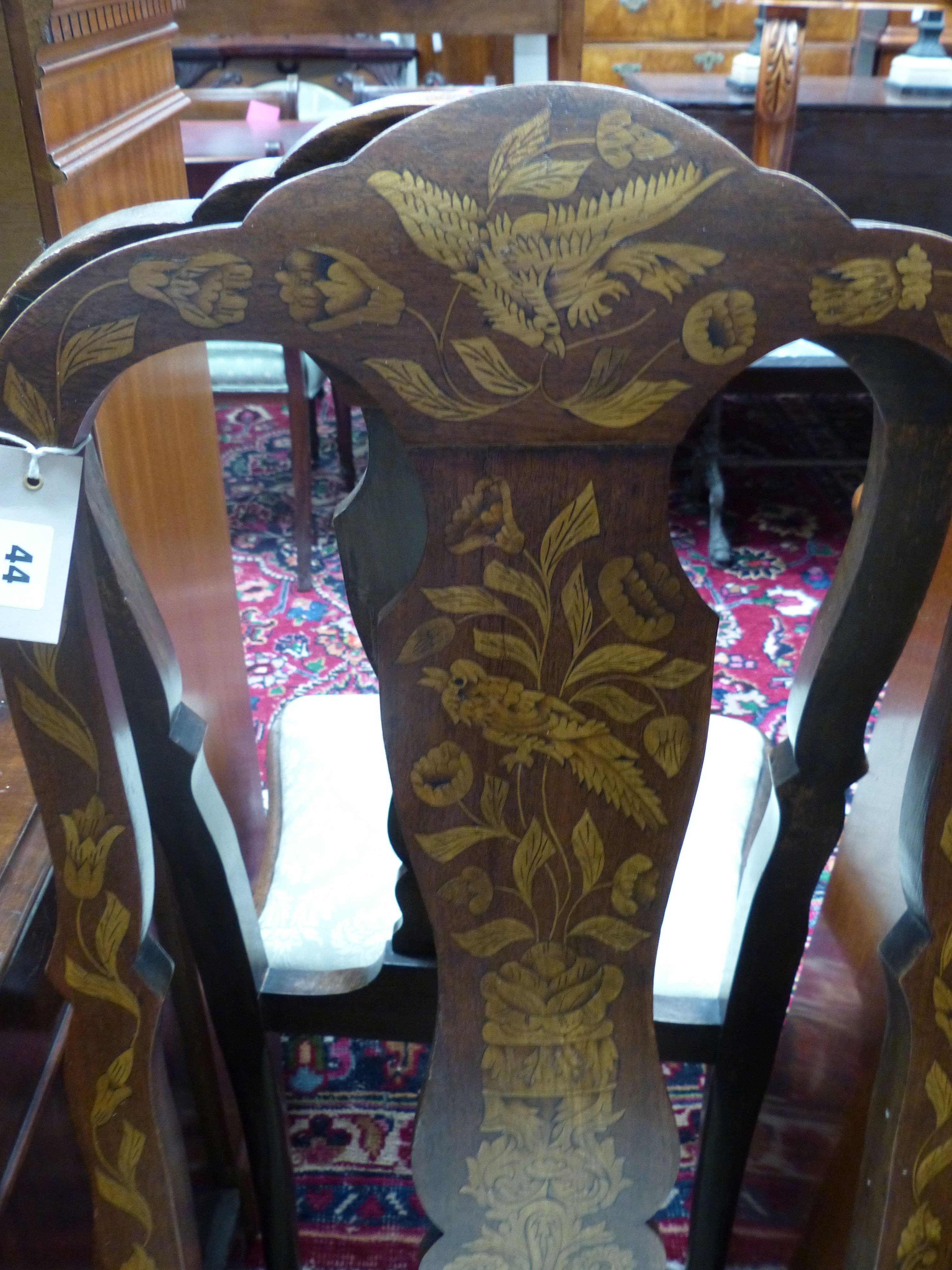 A pair of Dutch marquetry and beech side chairs